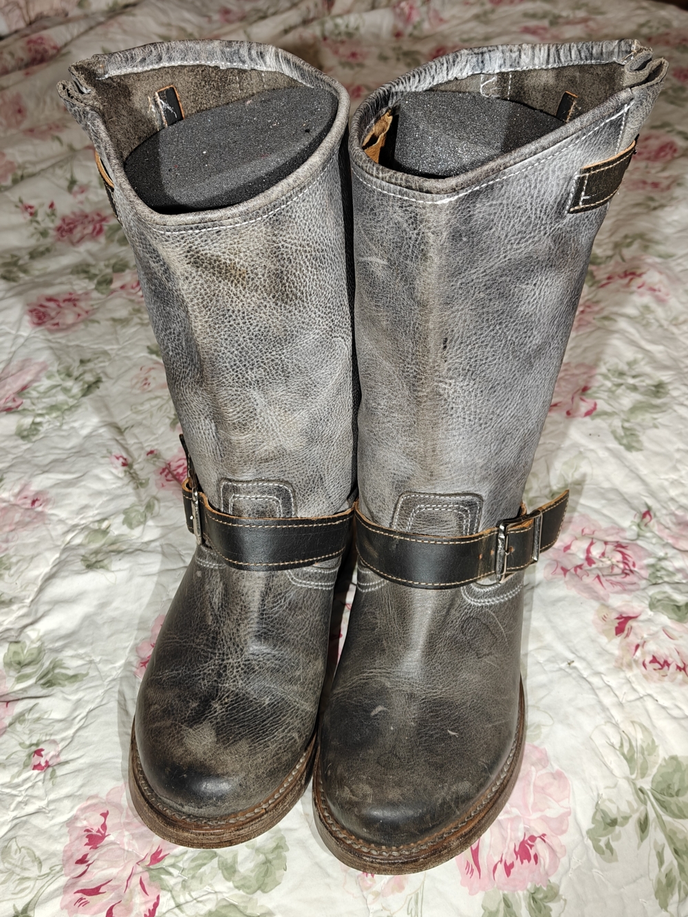 freebird Crosby Distressed Gray Leather Engineer Boots with Buckle Strap 9